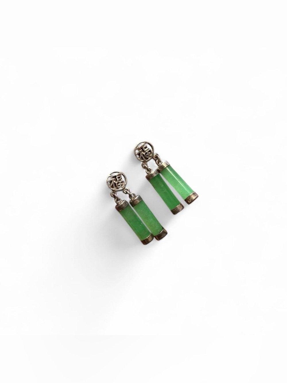 Dangling Cylinder Green Jade 925 Sterling Silver Earrings